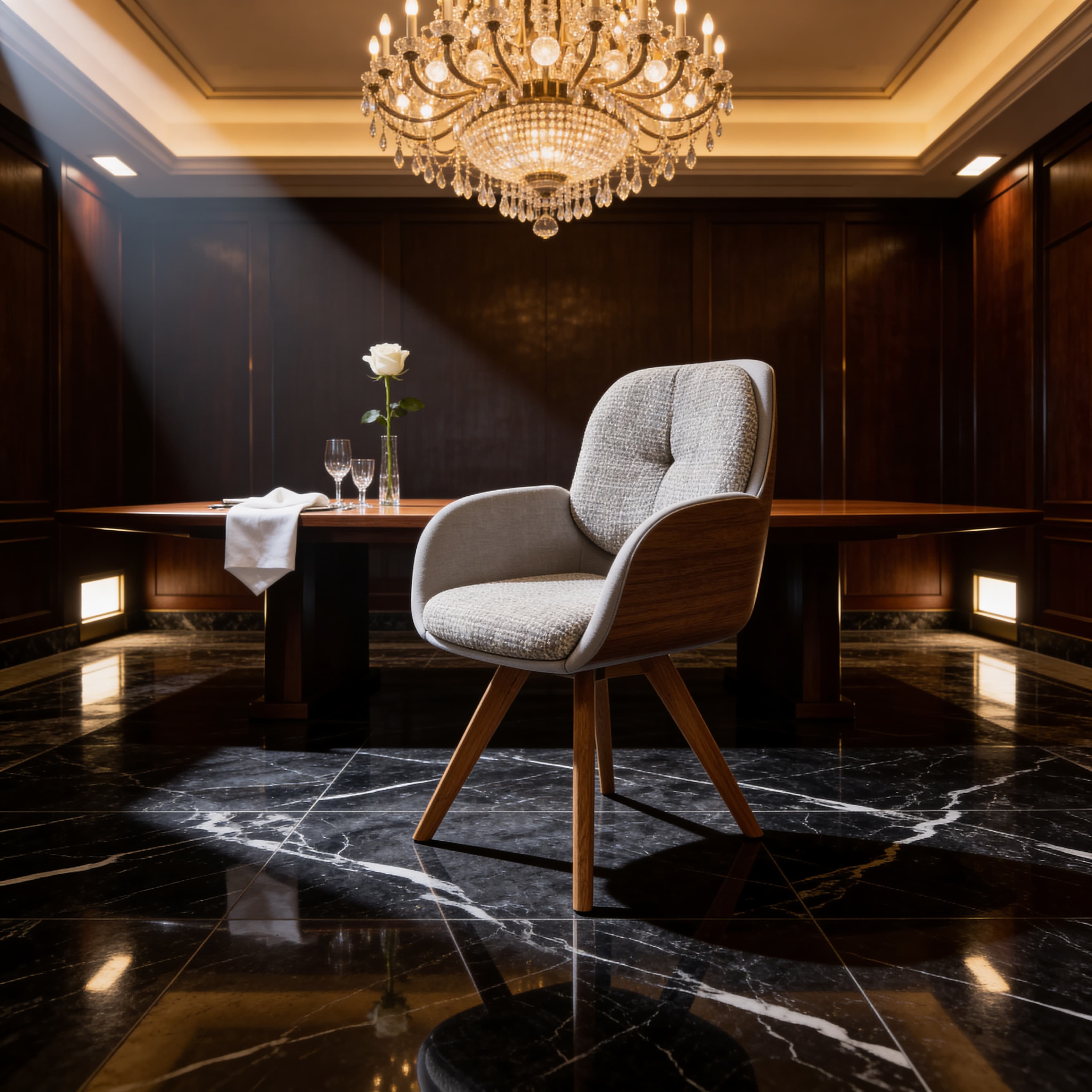 Luxury armchair rendered in an editorial interior scene